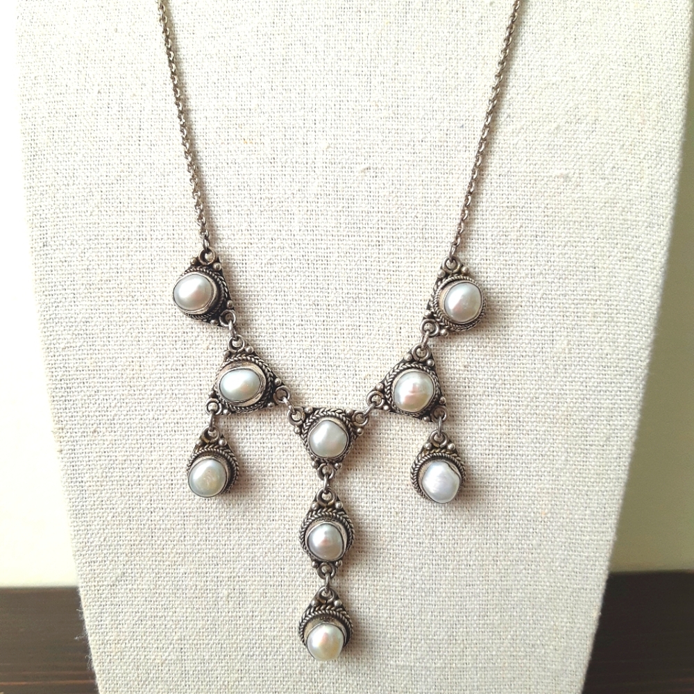 Sterling Silver Bali Real Pearl Chandelier Necklace is